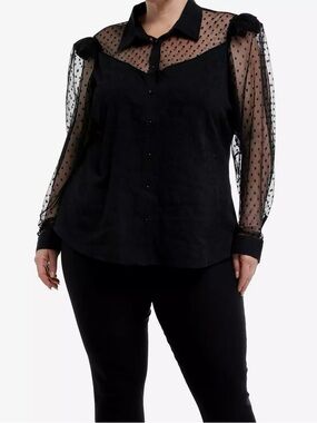 Plus Size Black Sheer Polka Dot Sleeve Button-Down Shirt